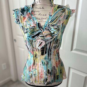 Womens Colorful Sheer Cap-Sleeved Ruffled Top with V-Neck & 3 Functional Buttons